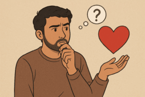 A thoughtful man with glasses contemplates a floating, glowing heart next to a large question mark, symbolizing the deep inquiry into the reality of love (محبت کی حقیقت).