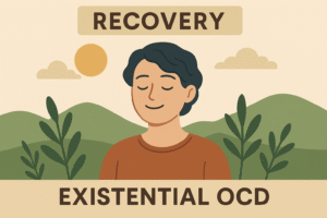 An illustration showing a person looking calm and peaceful, representing recovery from Existential OCD, with a serene nature background.